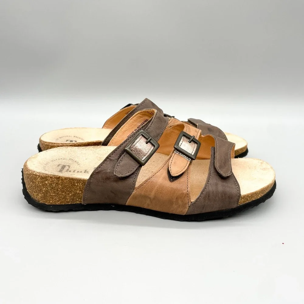 Think! Womens 40 Mizzi Multi Strap Brown Leather Cork Wedge Slide Sandals Buckle